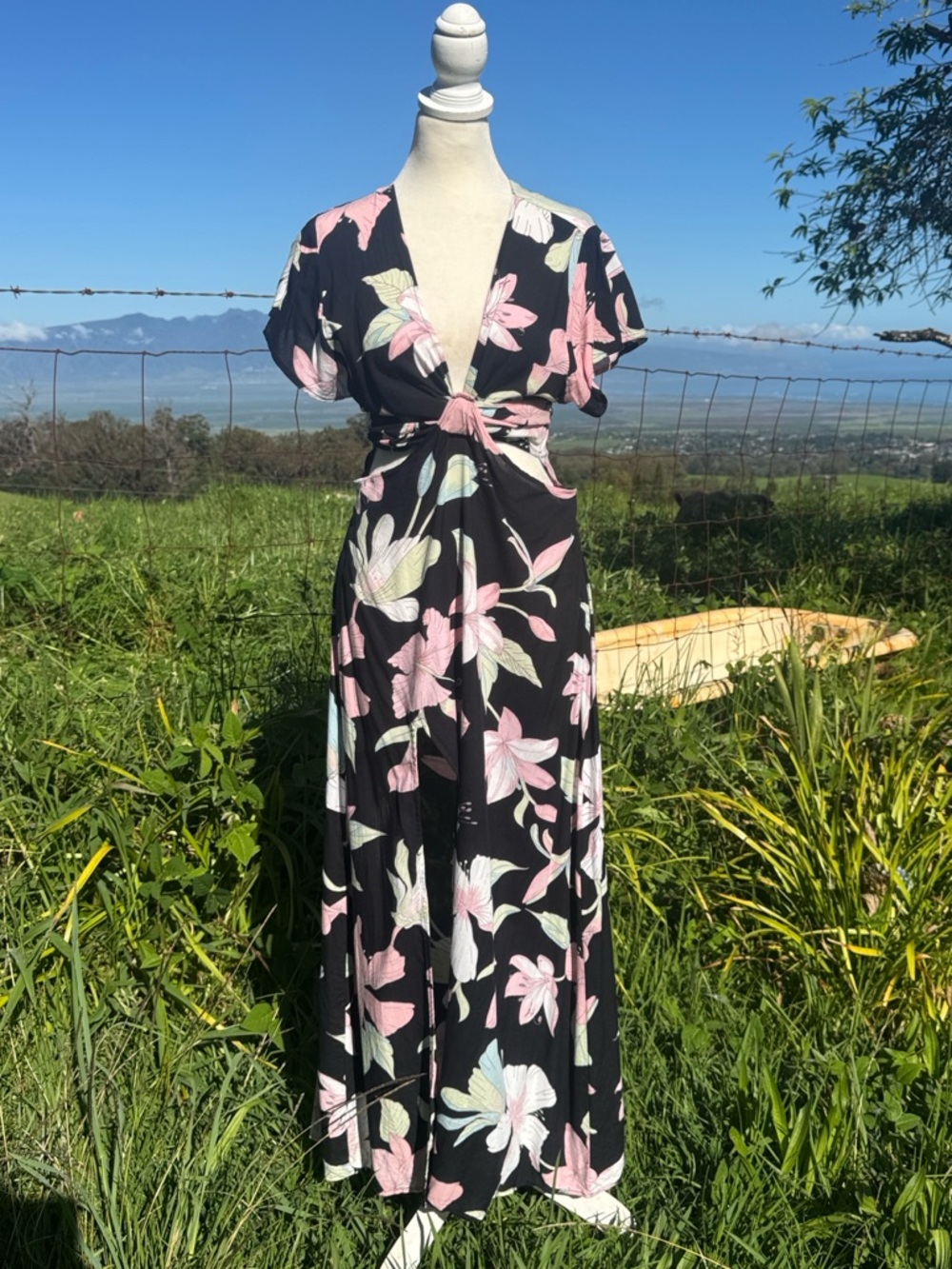 XIX Palms Hawaii Black Pink Tropical Cutout Resort Maxi Dress L